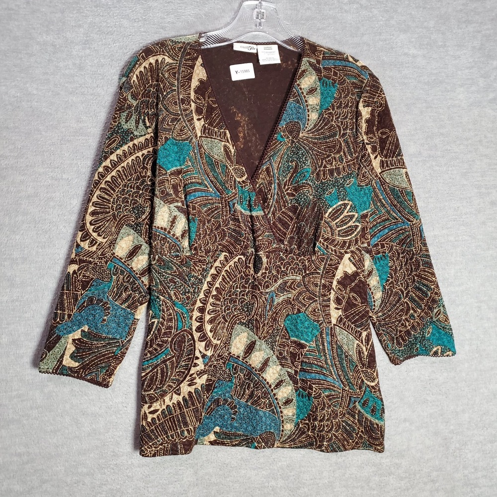 East 5th‎ Women Top Large Brown Blouse Paisley Faux Wrap 3/4 Sleeve